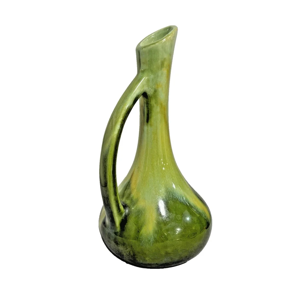 Vintage Haegar Pottery Vase Jug Ewer Handle Mid Century Green Agate Yellow Drip